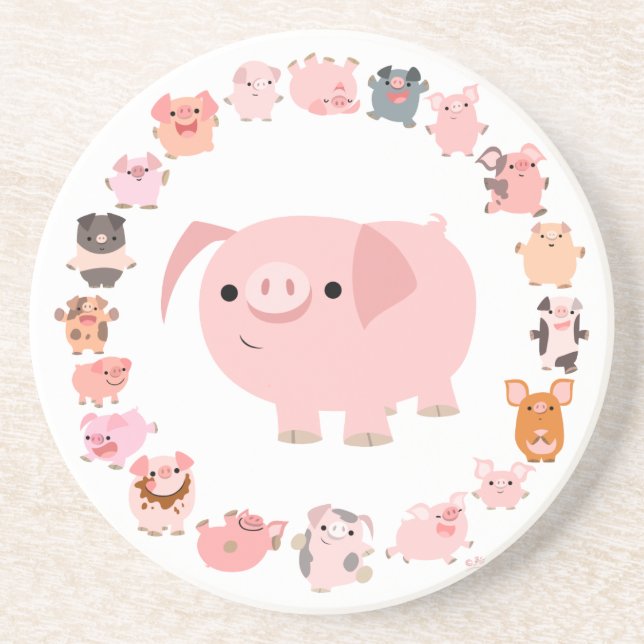 Cute Cartoon Pigs Mandala Coaster (Front)