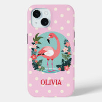 Cute Cartoon Pink Floral Flamingo with Polka Dots