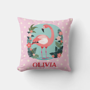 Cute Cartoon Pink Floral Flamingo with Polka Dots Throw Pillow