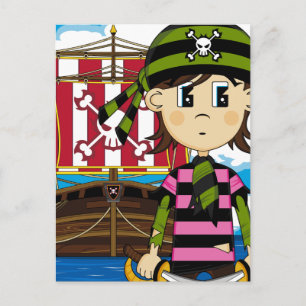 Cute Cartoon Pirate and Ship Postcard