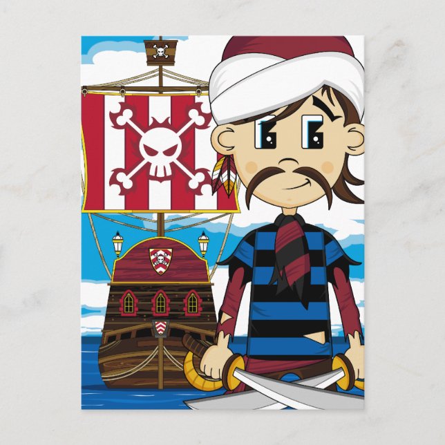 Cute Cartoon Pirate and Ship Postcard (Front)
