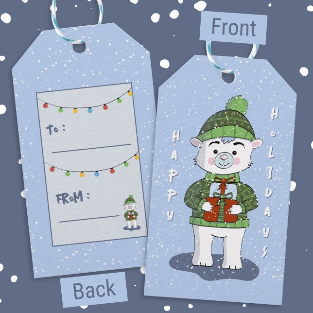 Cute Cartoon Polar Bear Blue Holiday Gift Tag (Cute Polar Bear with Presents Holiday Gift Tags .)