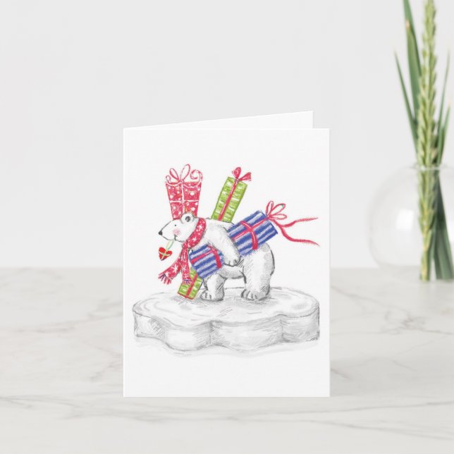Cute Cartoon Polar Bear with Christmas Presents Holiday Card (Front)