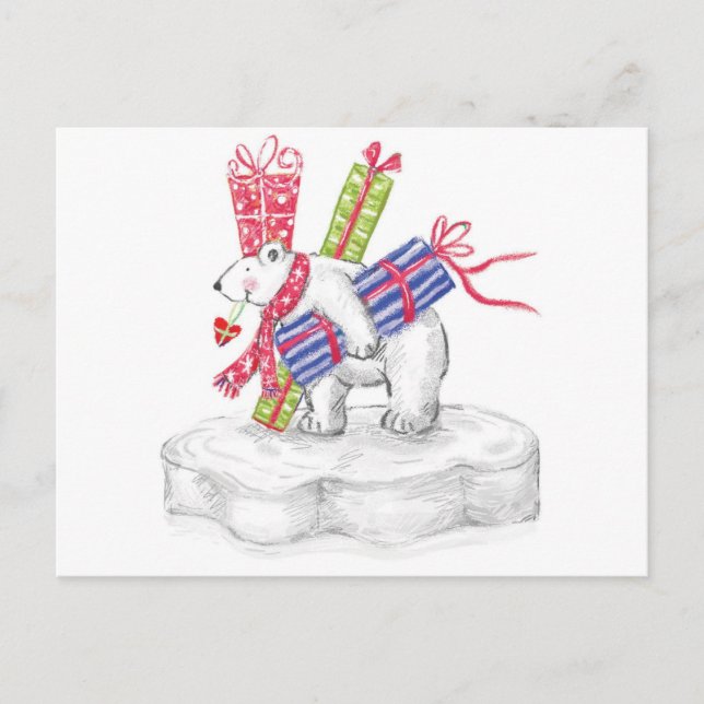 Cute Cartoon Polar Bear with Christmas Presents Holiday Postcard (Front)