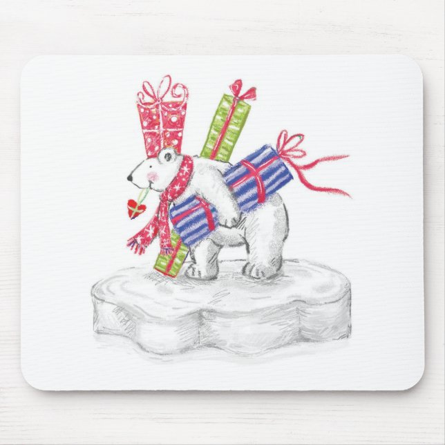 Cute Cartoon Polar Bear with Christmas Presents Mouse Pad (Front)