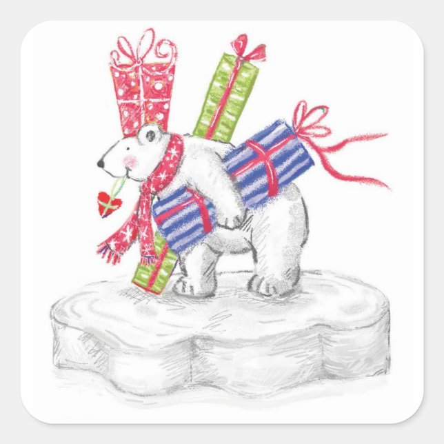 Cute Cartoon Polar Bear with Christmas Presents Square Sticker (Front)
