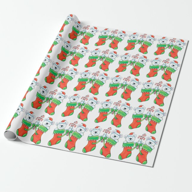 Cute Cartoon Polar Bears in Christmas Stockings Wrapping Paper (Unrolled)
