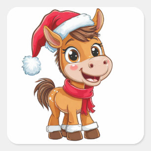 Cute Cartoon Pony in Christmas Hat and Scarf Square Sticker