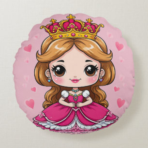 Cute Cartoon Princess in Pink Dress 👑 Round Pillow