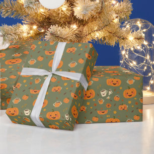 Cute Cartoon Pumpkin and Latte Fall Halloween Wrap Wrapping Paper
