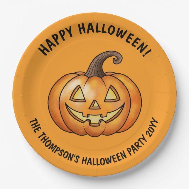 Cute Cartoon Pumpkin Orange Happy Halloween Paper Plate (Front)