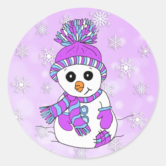 Cute Cartoon Purple Snowman  Snowflake Christmas Classic Round Sticker (Front)