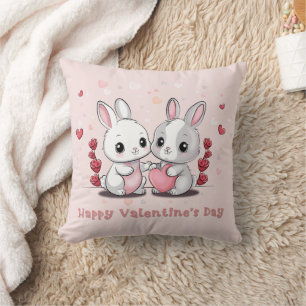Cute Cartoon Rabbit Lovers Hearts Valentine’s Day Throw Pillow