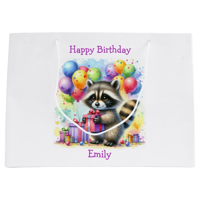 Cute Cartoon Raccoon Birthday Personalized Large Gift Bag (Front)