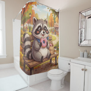 Cute Cartoon Raccoon Eating Strawberry Doughnut