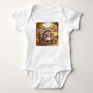 Cute Cartoon Raccoon Eating Strawberry Doughnut Baby Bodysuit