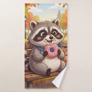 Cute Cartoon Raccoon Eating Strawberry Doughnut Bath Towel Set