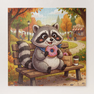 Cute Cartoon Raccoon Eating Strawberry Doughnut Jigsaw Puzzle