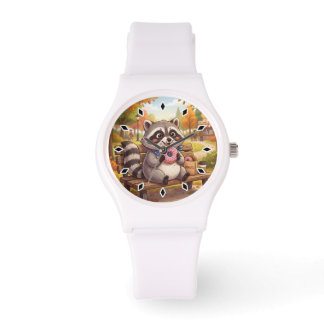 Cute Cartoon Raccoon Eating Strawberry Doughnut Watch