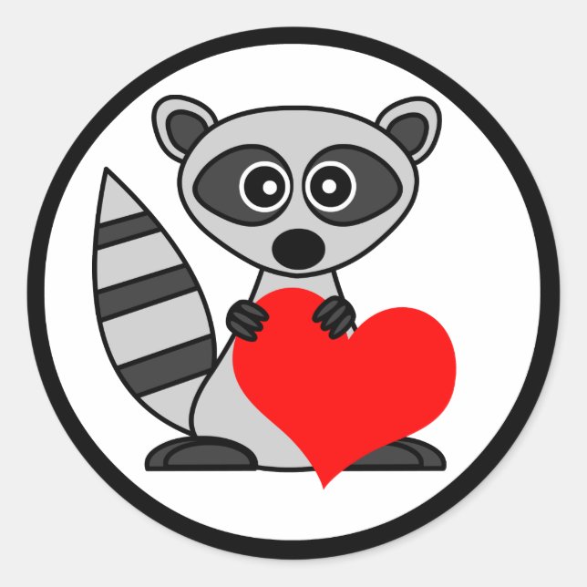 Cute Cartoon Raccoon Holding Heart Classic Round Sticker (Front)