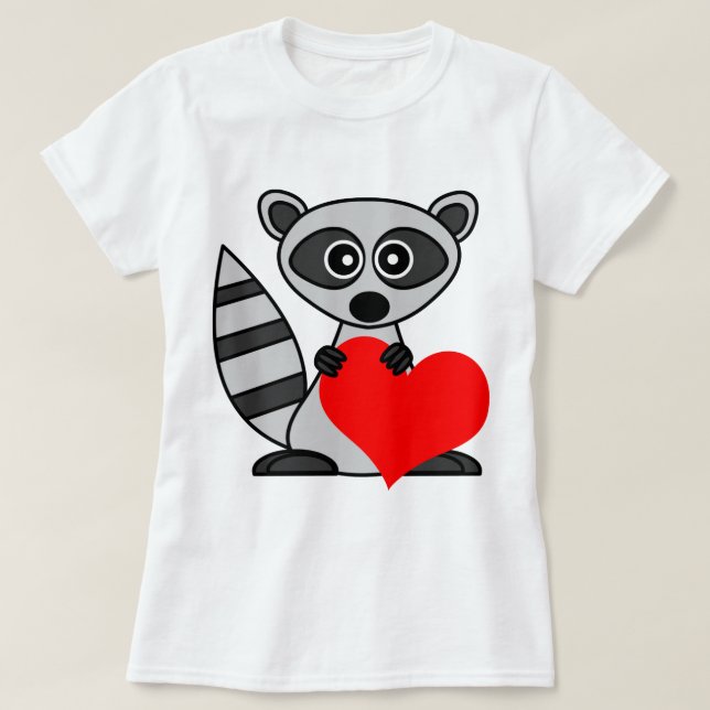 Cute Cartoon Raccoon Holding Heart T-Shirt (Design Front)