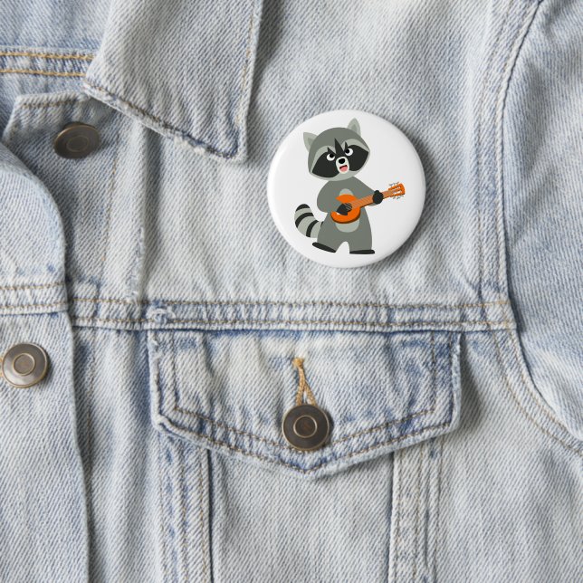 Cute Cartoon Raccoon Playing Banjo 2 Inch Round Button (In Situ)