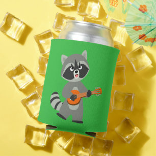 Cute Cartoon Raccoon Playing Banjo Can Cooler