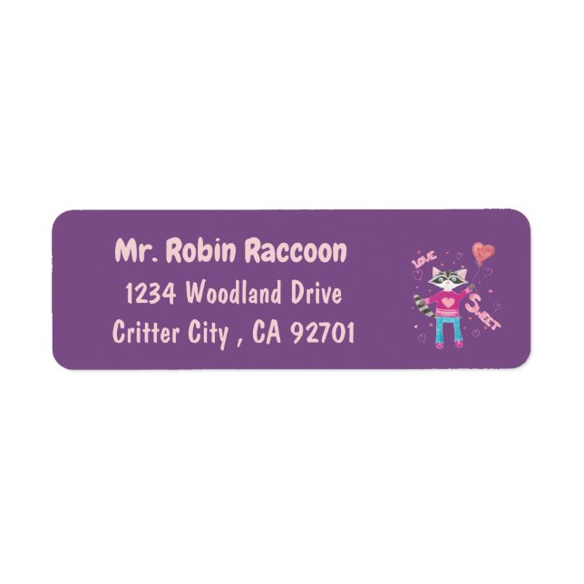 Cute cartoon raccoon purple return address labels (Front)