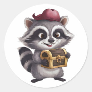 Cute Cartoon Raccoon with Pirate's Treasure Chest Classic Round Sticker