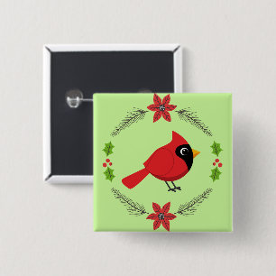 Cute Cartoon Red Cardinal with Flowers 2 Inch Square Button