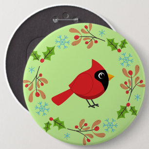 Cute Cartoon Red Cardinal with Flowers 6 Inch Round Button