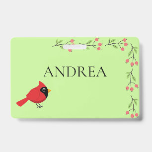 Cute Cartoon Red Cardinal with Flowers Badge