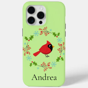 Cute Cartoon Red Cardinal with Flowers iPhone 15 Pro Max Case
