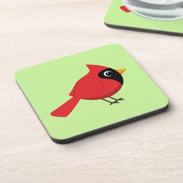Cute Cartoon Red Cardinal with Flowers Coaster (Left Side)