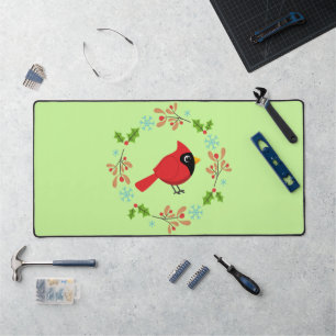 Cute Cartoon Red Cardinal with Flowers Desk Mat