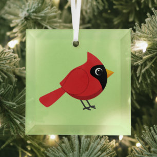 Cute Cartoon Red Cardinal with Flowers Glass Ornament