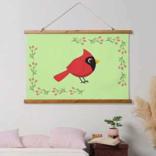 Cute Cartoon Red Cardinal with Flowers Hanging Tapestry