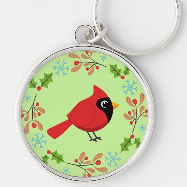Cute Cartoon Red Cardinal with Flowers Keychain (Front)