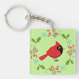 Cute Cartoon Red Cardinal with Flowers Keychain