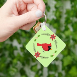 Cute Cartoon Red Cardinal with Flowers Keychain