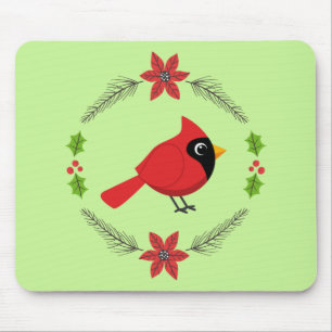 Cute Cartoon Red Cardinal with Flowers Mouse Pad