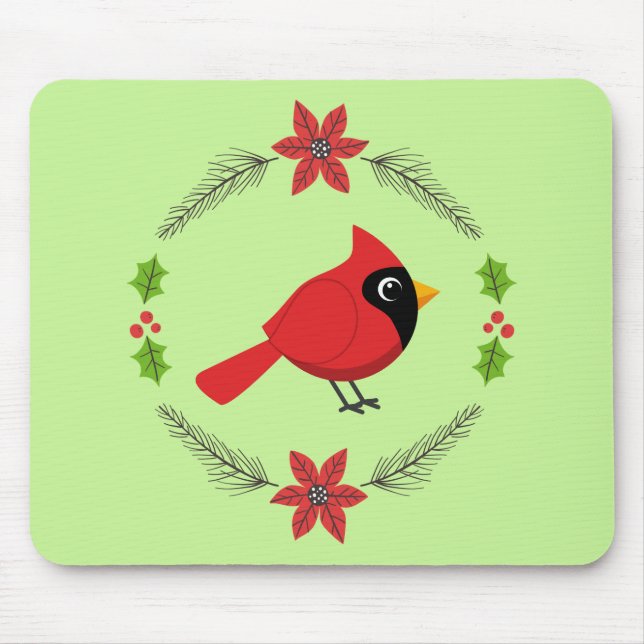 Cute Cartoon Red Cardinal with Flowers Mouse Pad (Front)