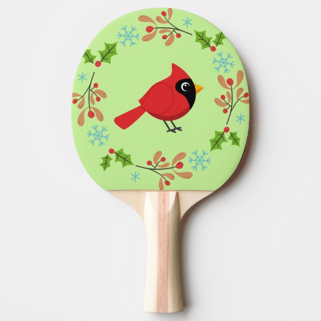 Cute Cartoon Red Cardinal with Flowers Ping Pong Paddle (Front)