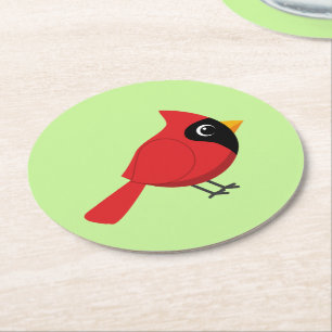 Cute Cartoon Red Cardinal with Flowers Round Paper Coaster