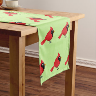 Cute Cartoon Red Cardinal with Flowers Short Table Runner