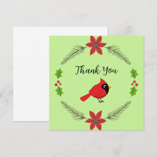 Cute Cartoon Red Cardinal with Flowers Thank You Card