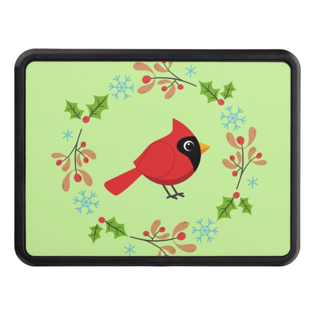 Cute Cartoon Red Cardinal with Flowers Trailer Hitch Cover (Front)