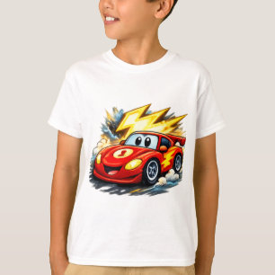 Cute Cartoon Red Race Car with Lightning Bolt Kids T-Shirt