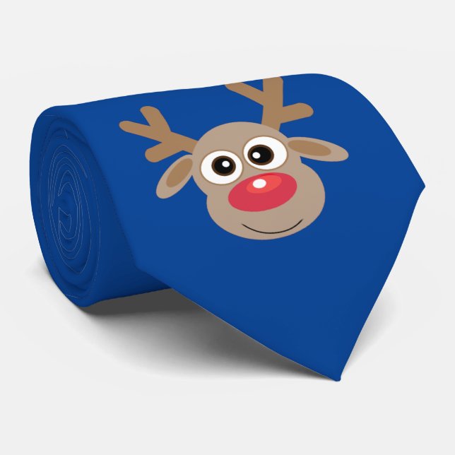 Cute Cartoon Reindeer Christmas Fun Blue Tie (Rolled)