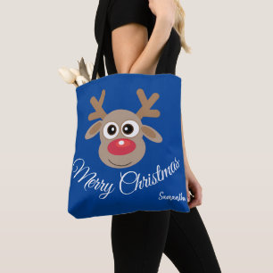 Cute Cartoon Reindeer Christmas Fun Blue Tote Bag